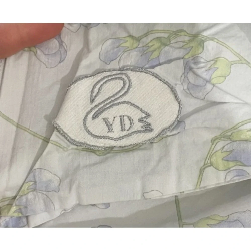 Vintage Yves Delorme Paris King Flat Sheet Blue Green Floral 103 x 99